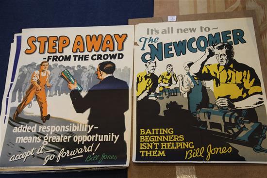A collection of ten 1920s Bill Jones coloured lithograph motivational posters, each 28 x 22in.